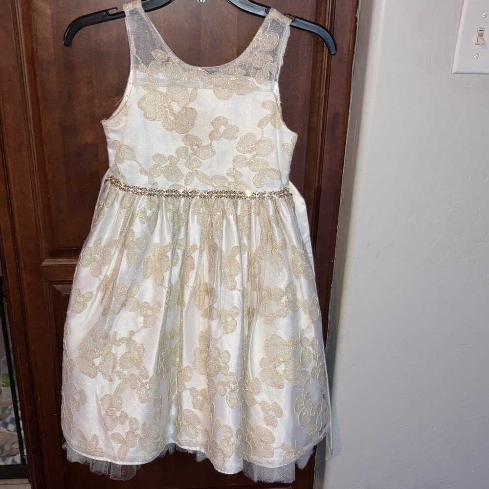 Charming Kids Dress in Cream and Gold Floral Design